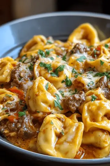 Cheesesteak Tortellini in a Rich Provolone Sauce Delight