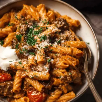 One pot creamy tomato beef pasta
