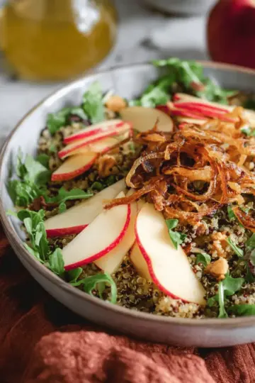 Honey Mustard Quinoa Apple Salad with Crispy Shallots