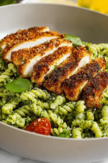 Pesto Pasta with Crispy Parmesan Chicken