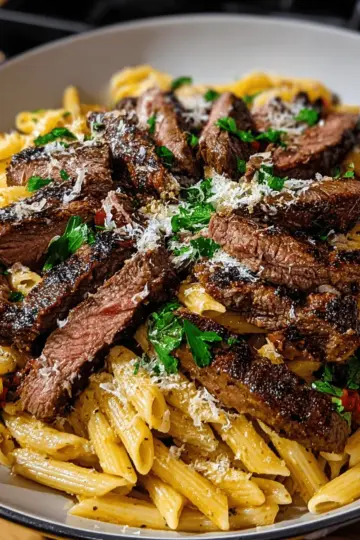 Experience the BoSpicy Garlic Butter Parmesan Steak Pasta