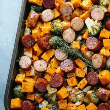 Sheet Pan Sausage and Sweet Potatoes with Honey Garlic Sauce