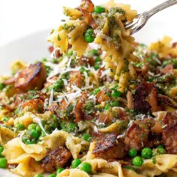 Sausage Pesto Pasta with Caramelized Onions and Peas