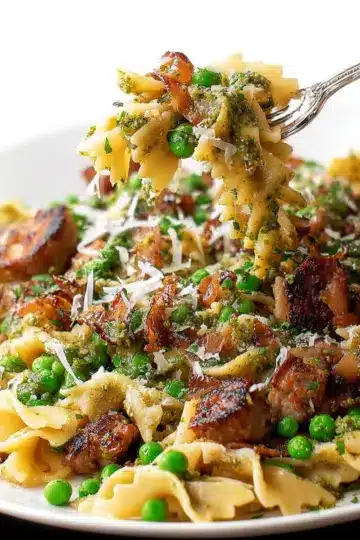 Sausage Pesto Pasta with Caramelized Onions and Peas