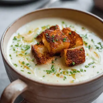 Roasted Garlic Potato Soup with Grilled Cheese Croutons