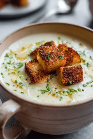Roasted Garlic Potato Soup with Grilled Cheese Croutons