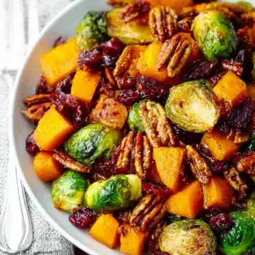 Roasted Brussels Sprouts and Cinnamon Butternut Squash with Pecans and Cranberries