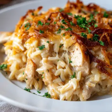 French Onion Chicken Orzo Casserole