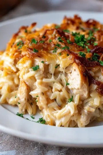 French Onion Chicken Orzo Casserole