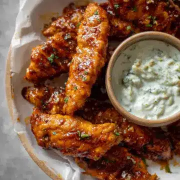 Sticky Chicken Fingers with Yogurt Blue Cheese Sauce