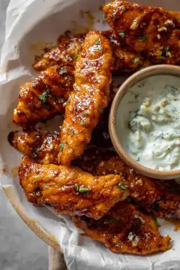 Sticky Chicken Fingers with Yogurt Blue Cheese Sauce