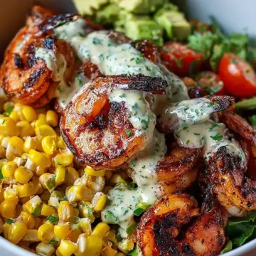 Grilled Shrimp Bowl with Avocado, Corn Salsa & Creamy Garlic Sauce