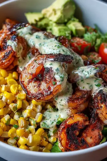 Grilled Shrimp Bowl with Avocado, Corn Salsa & Creamy Garlic Sauce