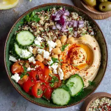 Mediterranean Bowl with Quinoa, Hummus, and Harissa
