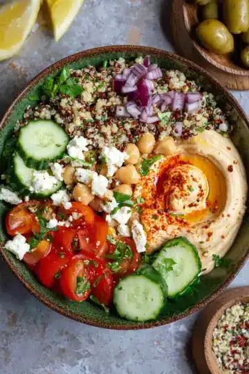 Mediterranean Bowl with Quinoa, Hummus, and Harissa