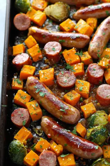 Sheet Pan Sausage and Sweet Potatoes with Honey Garlic Sauce