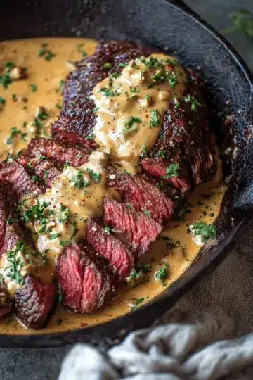 Cast Iron Bavette Steak with Whiskey Garlic Cream Sauce