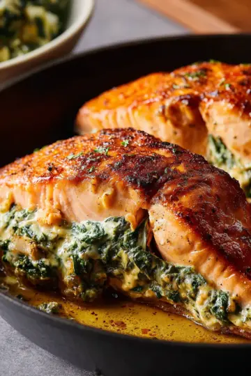 Quick-Broiled Creamy Spinach Stuffed Salmon