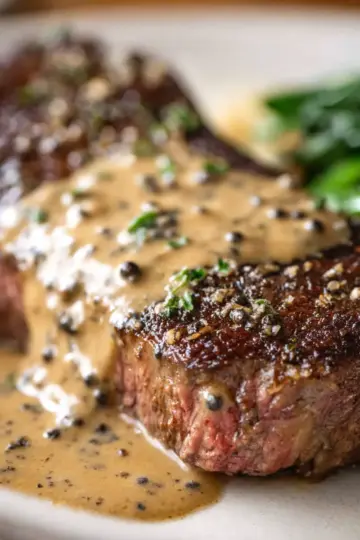 Steak with Creamy Peppercorn Sauce