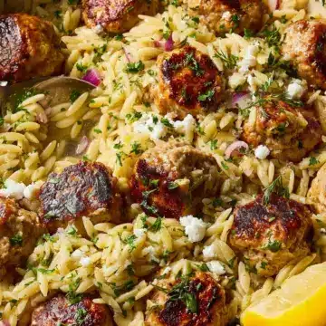 One-Pan Greek Chicken Meatballs and Lemon Orzo