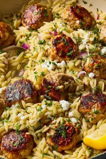 One-Pan Greek Chicken Meatballs and Lemon Orzo