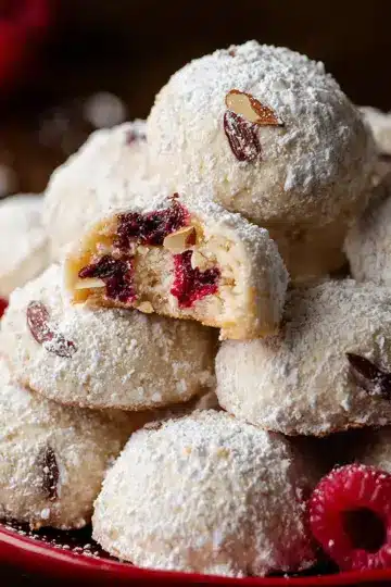 Raspberry Almond Snowball Cookies